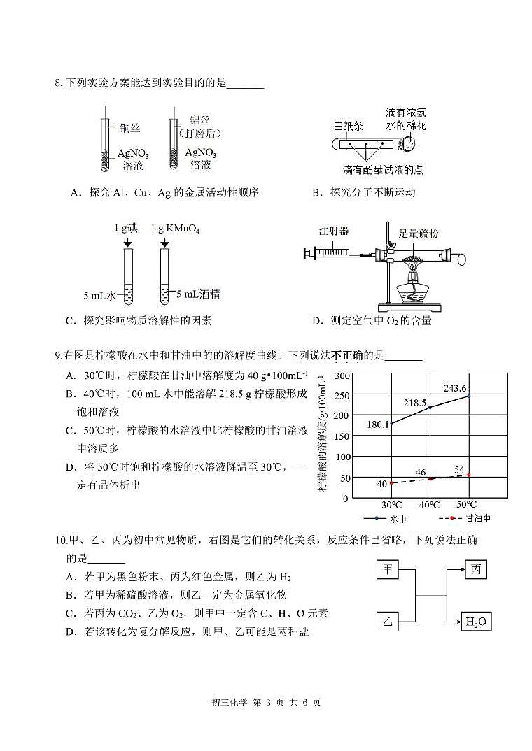 广东省深圳市多校2021年第三次质量检测 初三化学试卷第3页