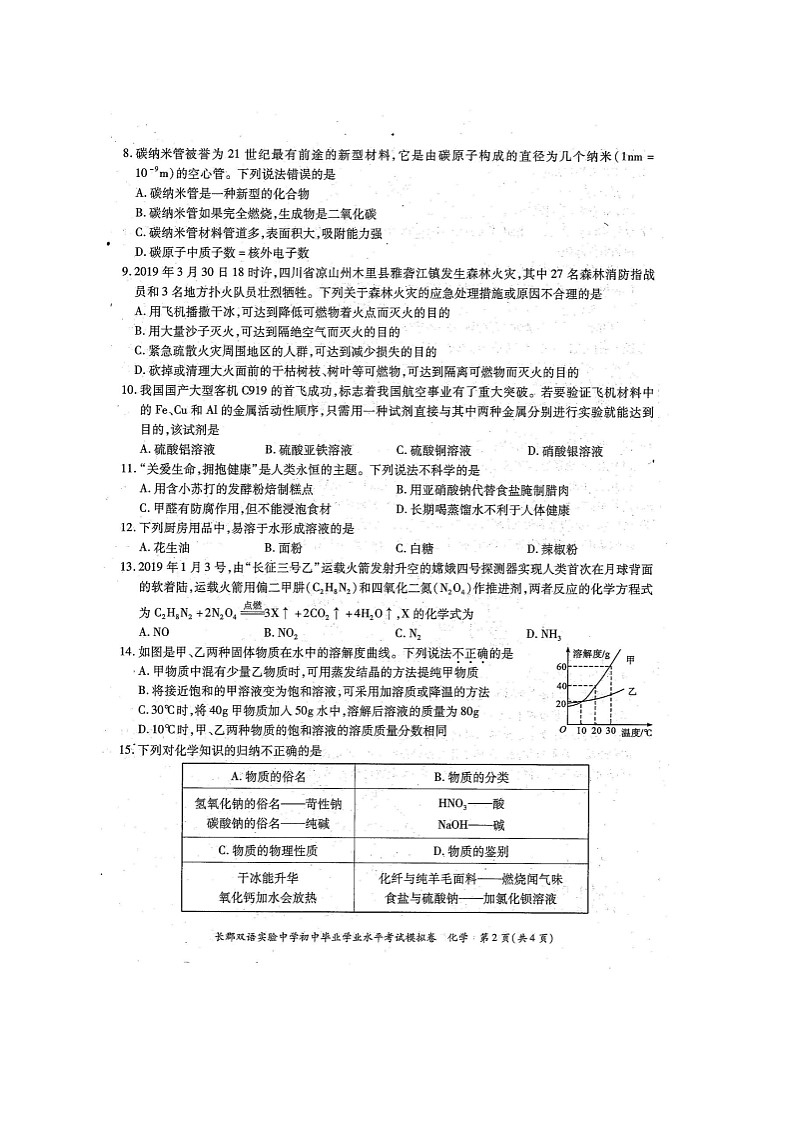 湖南省长郡双语实验中学2021年初中毕业学业水平考试模拟化学试题（图片版）02