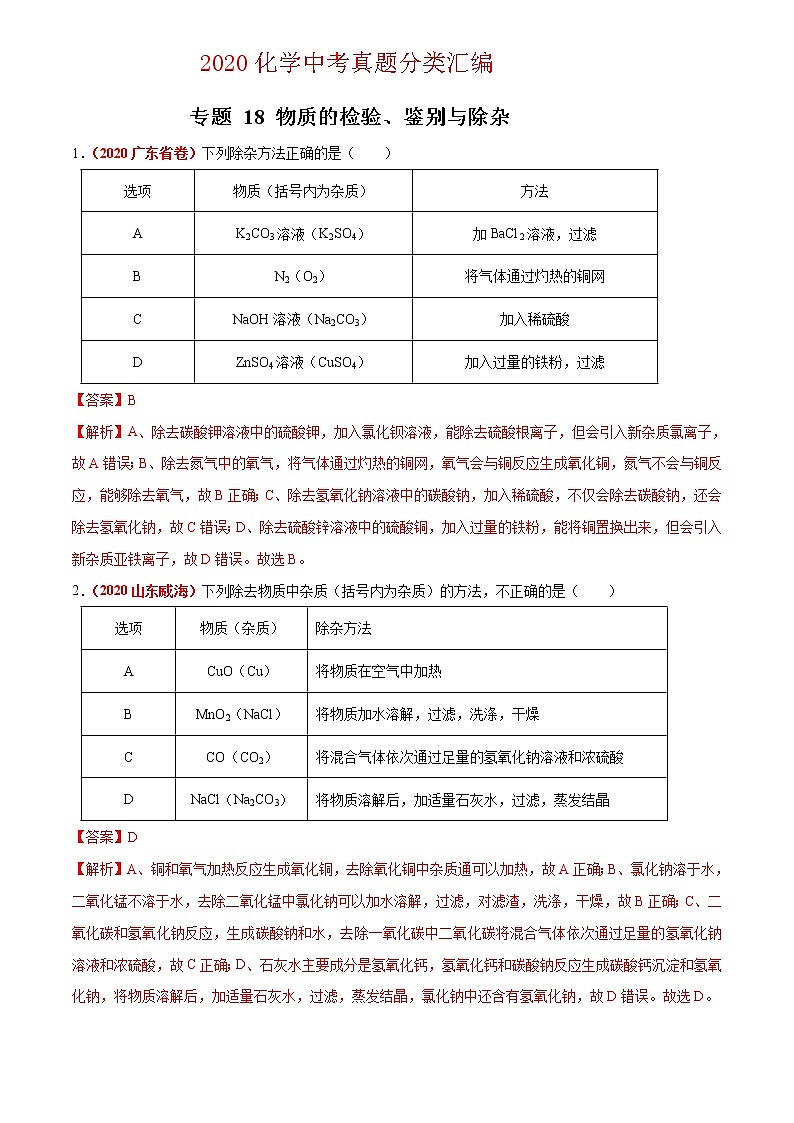 2021年化学中考真题分类汇编详解通用卷 专题18 物质的检验、鉴别与除杂（2）01