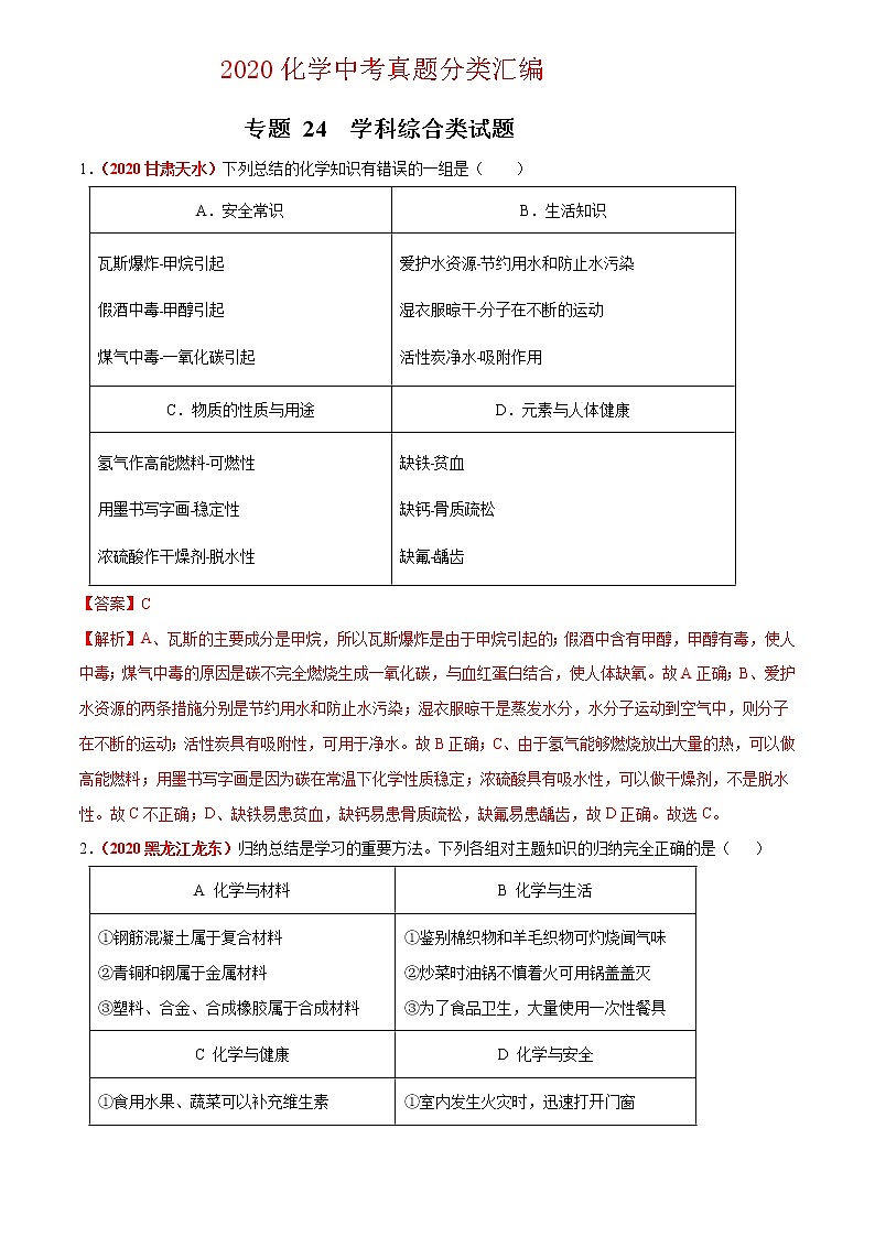 2021年化学中考真题分类汇编详解通用卷 专题24  学科综合类试题（2）01