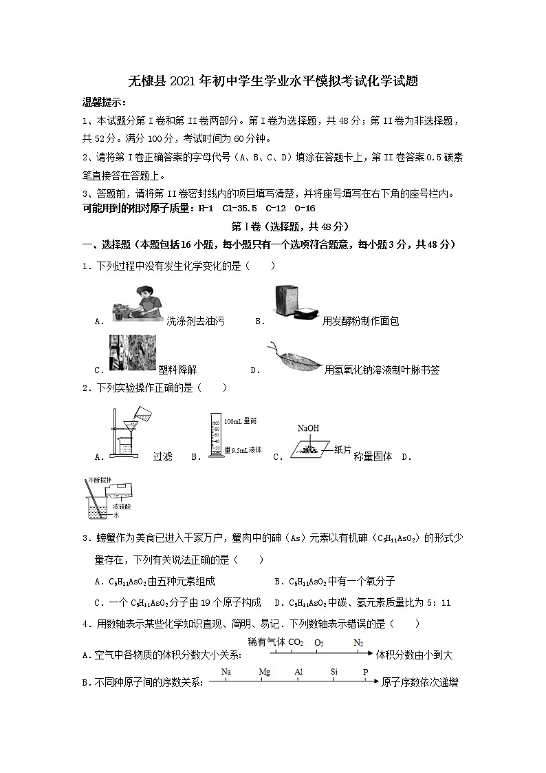 2021年山东省滨州市无棣县初中学生学业水平模拟考试化学试题（word版 含答案）01