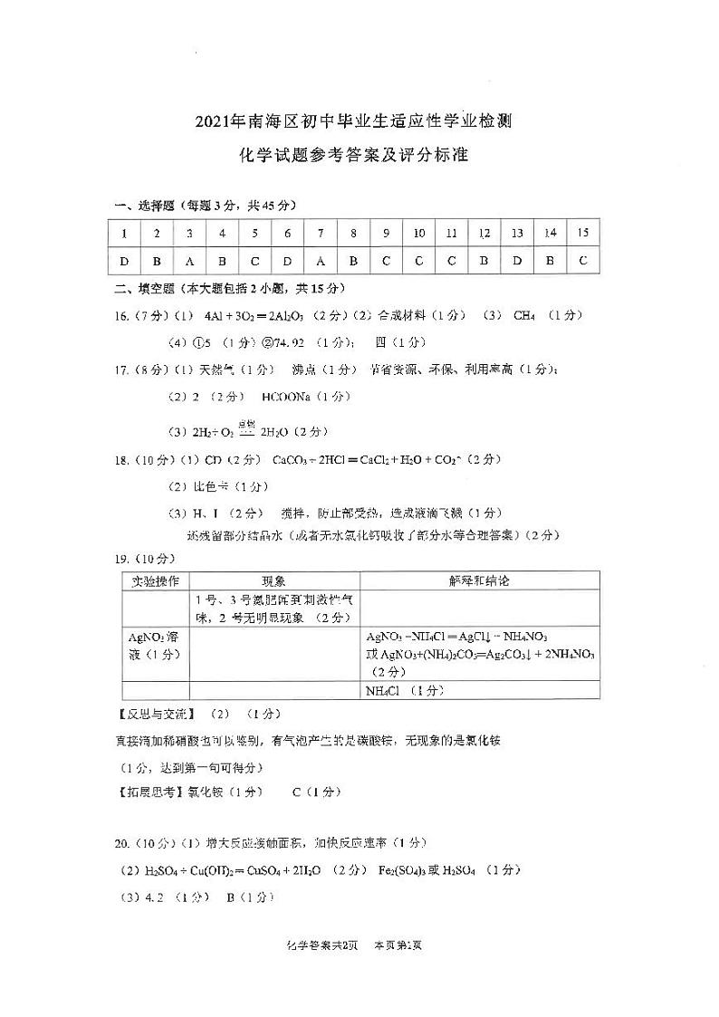 2021年南海区初中毕业生适应性学业检测化学试题01