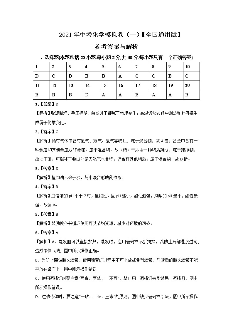 【通用】2021年中考化学模拟卷（一）01