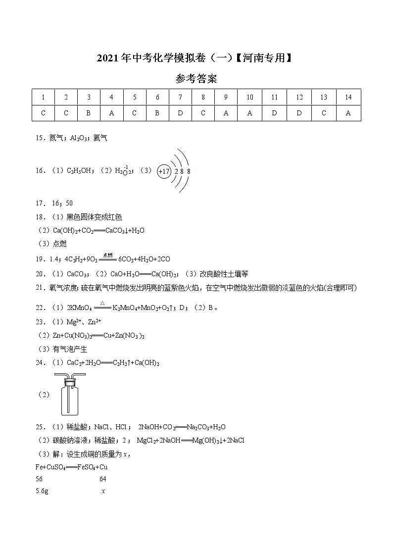 【河南】2021年中考化学模拟卷（一）01