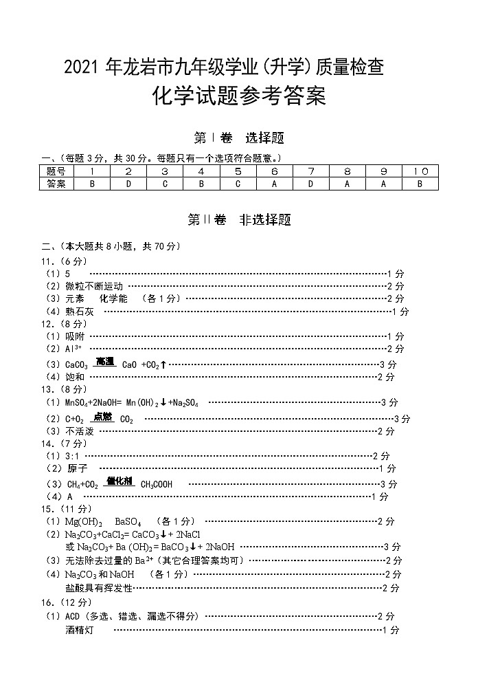 2021 年龙岩市九年级学业（升学）质量检查化学试题01