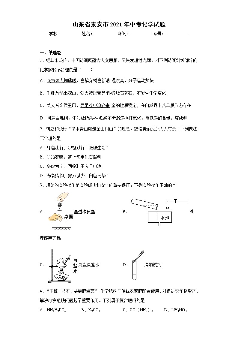山东省泰安市2021年中考化学试题（word版 含答案）01