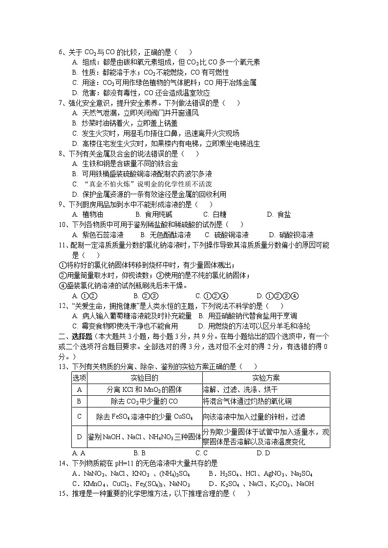2021年初中化学学业水平考试适应性测试卷402