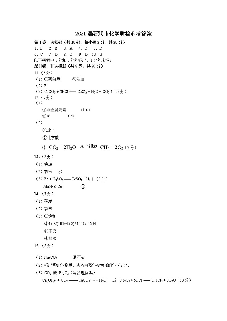 2021年福建省泉州石狮市初中学业质量检查化学试题01