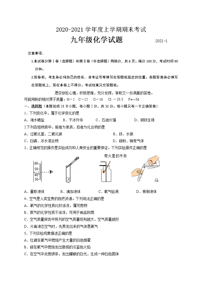 山东省临沂市临沭县2020-2021学年九年级上学期期末考试化学试题（word版 含答案）01