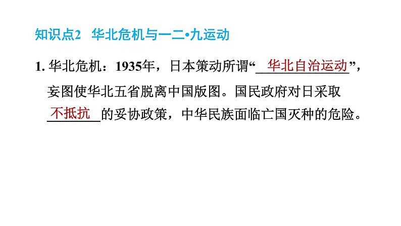 人教版八年级上册历史习题课件 第6单元 第18课　从九一八事变到西安事变06