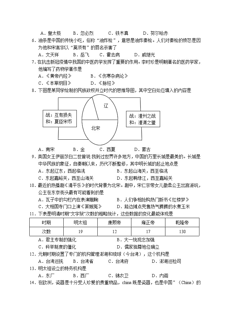湖南省永州市道县2020-2021学年七年级下学期期末考试历史试题（word版 含答案）02
