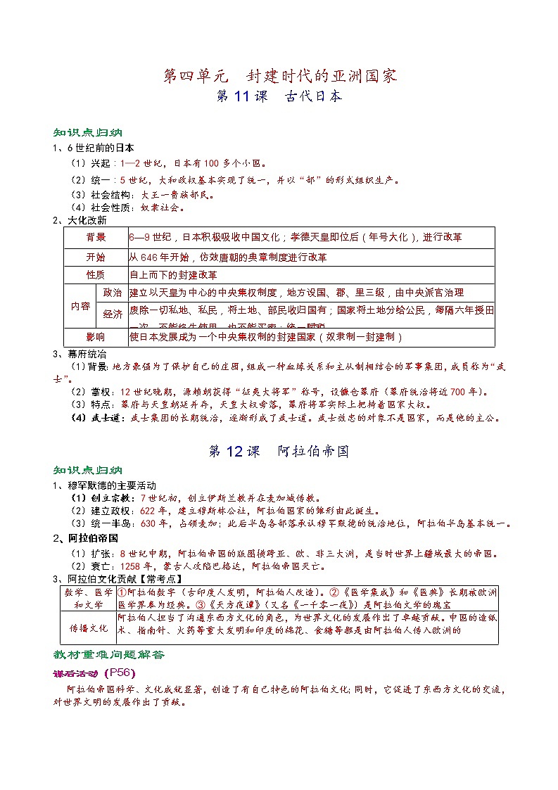 人教部编版九年级上册《历史》第四单元封建时代的亚洲国家知识点归纳，考点整理，复习必备第1页
