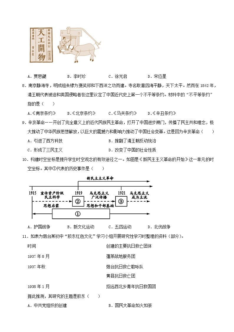 2021年山东省烟台市中考历史真题（word版附解析）02