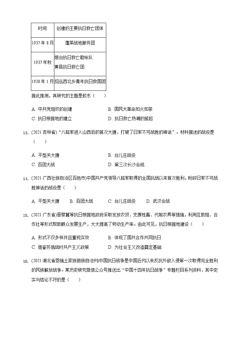 部编版八年级上册第六单元中华民族的抗日战争2021年历史中考题分类汇编03