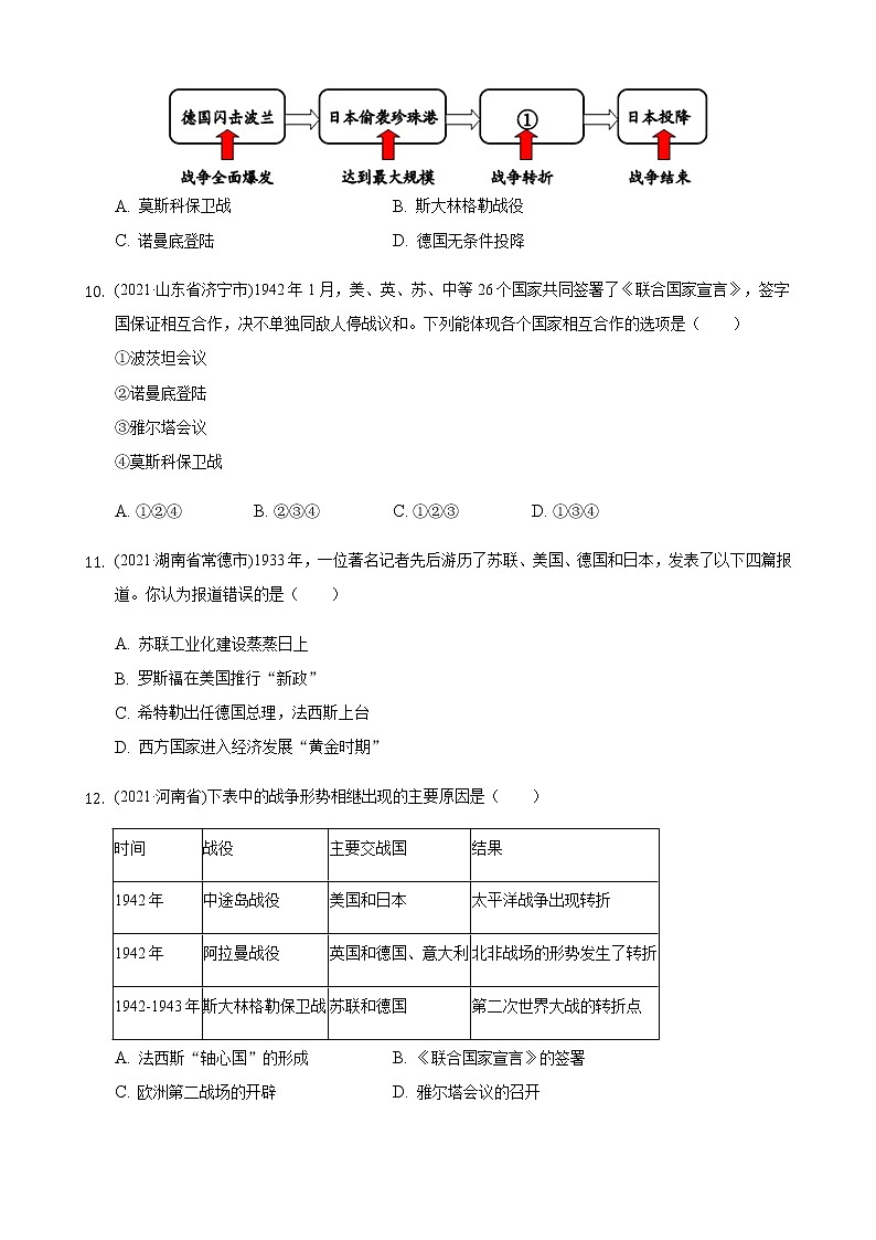 2021年历史中考题分类汇编——九年级下册第四单元：经济大危机和第二次世界大战03