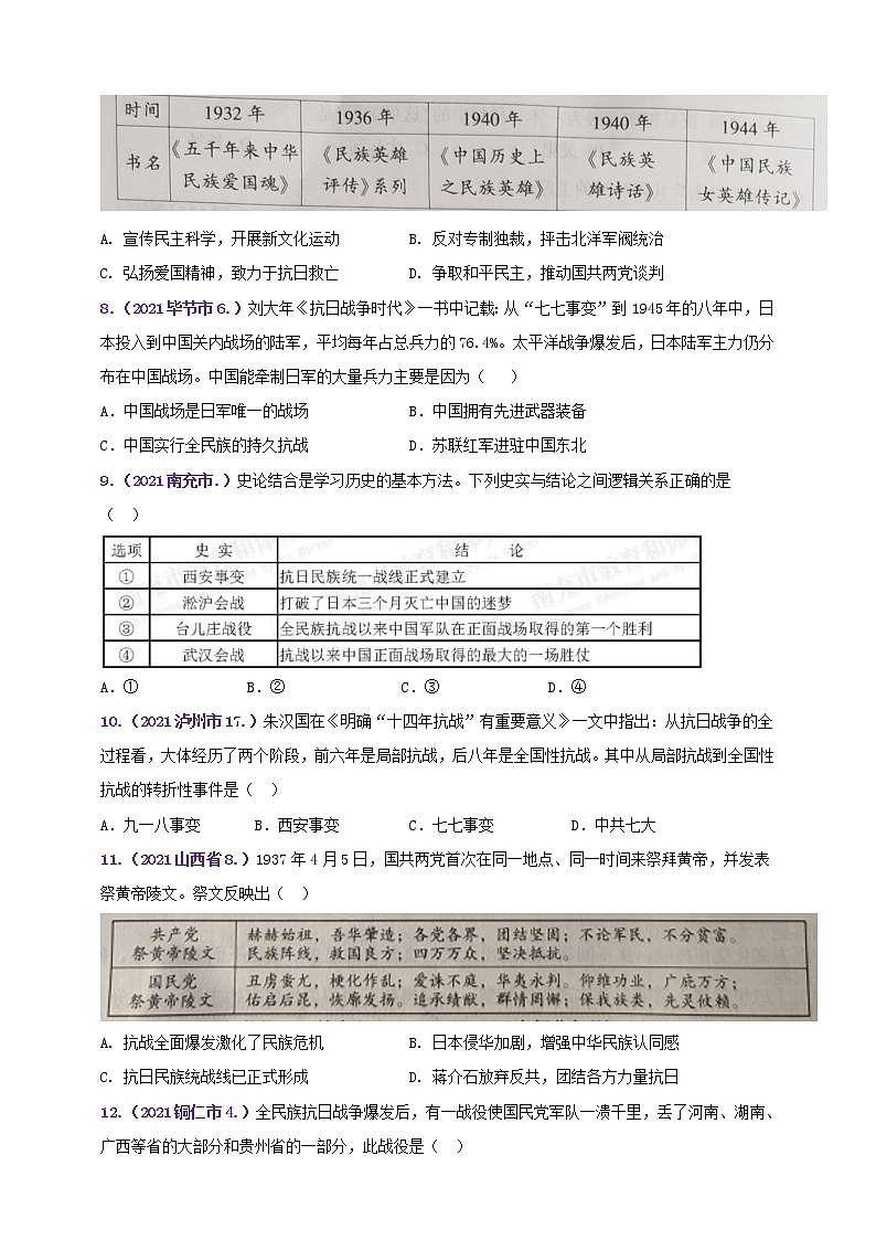 【备考2022】2021年中考真题汇编八上第六单元中华民族的抗日战争B卷（教师版+学生版）02