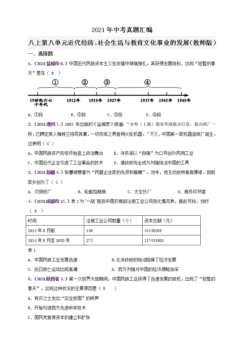 【备考2022】2021年中考真题汇编(八上)第八单元近代经济、社会生活与教育文化事业的发展（教师版）第1页