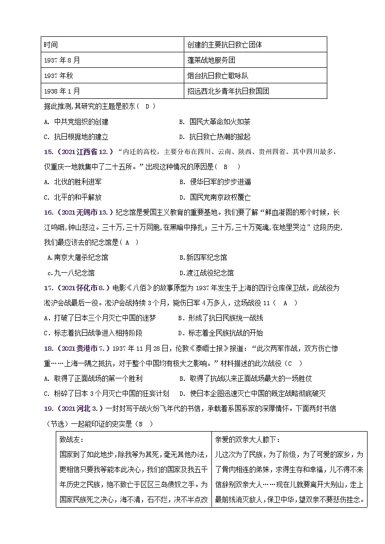【备考2022】2021年中考真题汇编(八上)第六单元中华民族的抗日战争A卷（教师版）第3页
