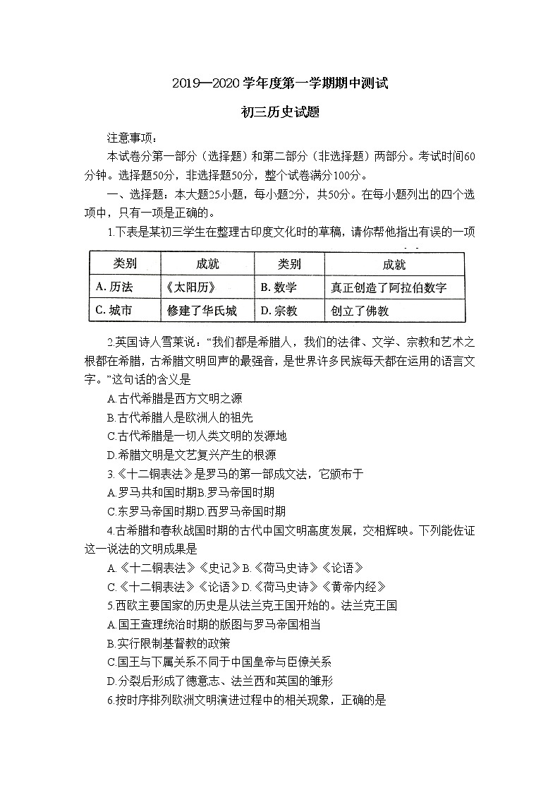山东省招远市2019-2020学年第一学期期中考试九年级历史试题及答案试卷01