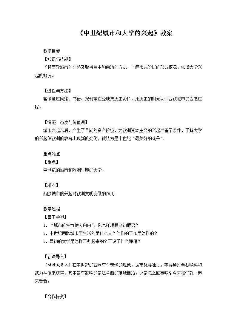 人教版历史九年级上册9 《中世纪城市和大学的兴起》教案01