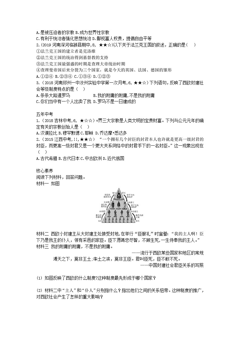 人教部编版九年级历史上册 第三单元 第7课 基督教的兴起和法兰克王国拓展练习试卷02