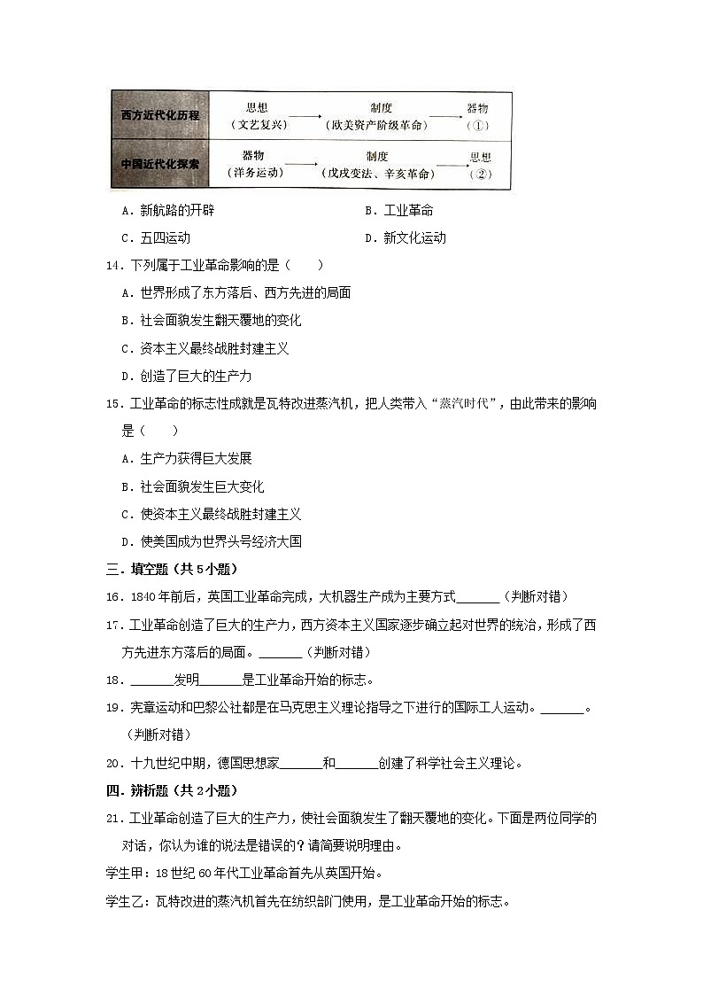 人教部编版九年级历史上册 第七单元 工业革命和国际共产主义运动的兴起测试卷含解析03