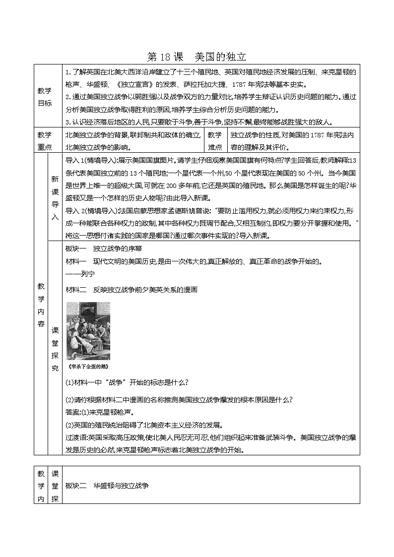 人教部编版九年级历史上册第六单元 第18课 美国的独立 教学设计第1页