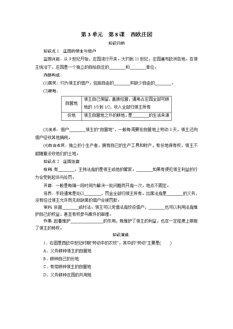 2021年部编版九年级历史上练习：第3单元  第8课　西欧庄园 试卷01