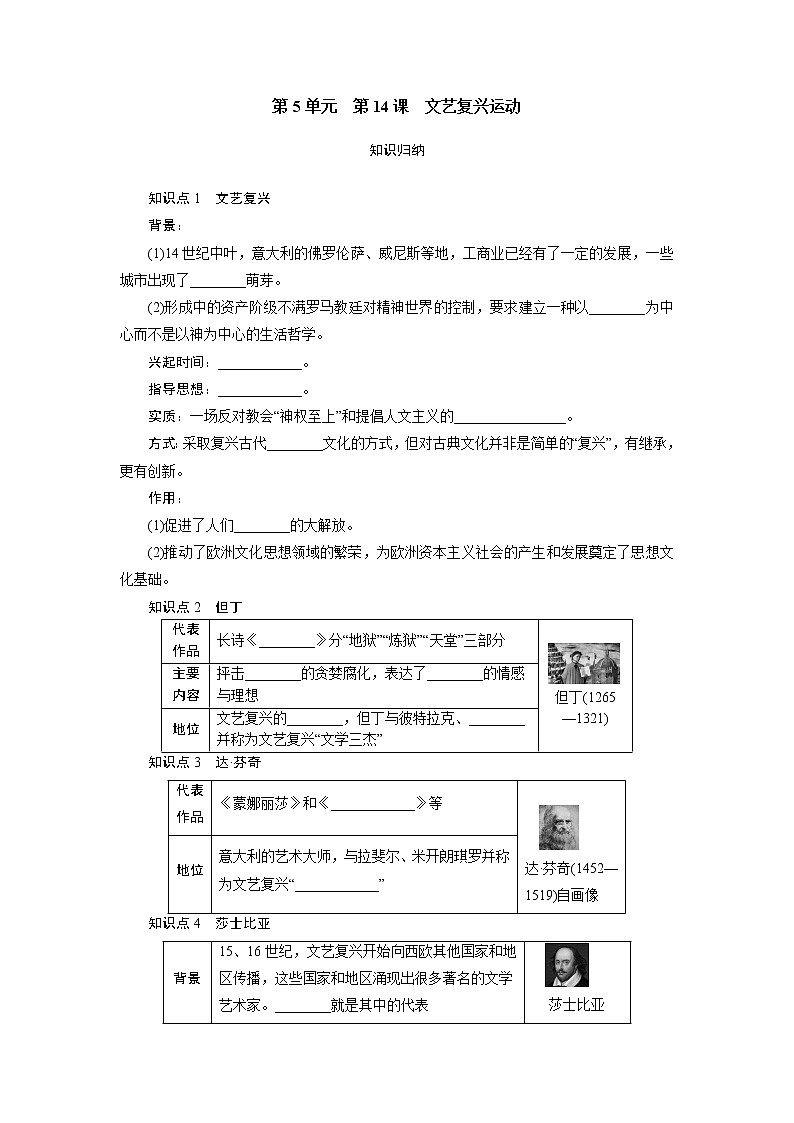 2021年部编版九年级历史上练习：第5单元  第14课　文艺复兴运动 试卷01