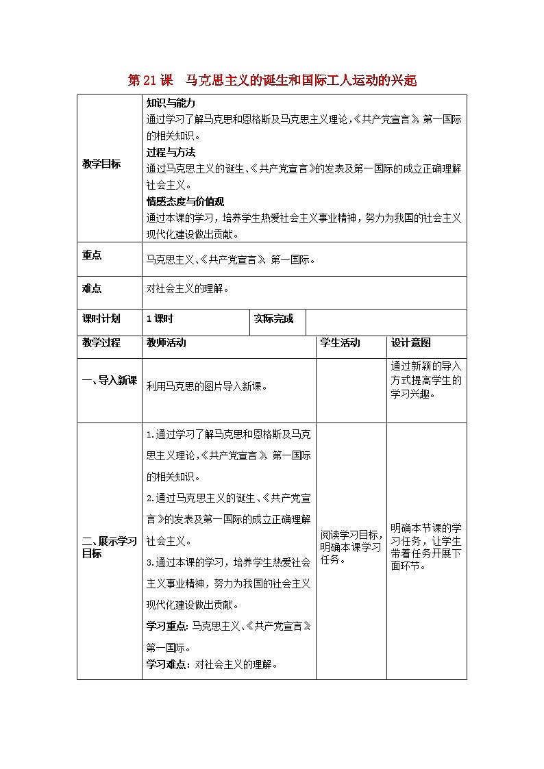 2018秋九年级历史上册第21课马克思主义的诞生和国际工人运动的兴起教案部编版第1页