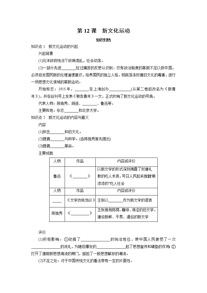 2021年部编历史八年级上  第4单元  第12课　新文化运动练习题01