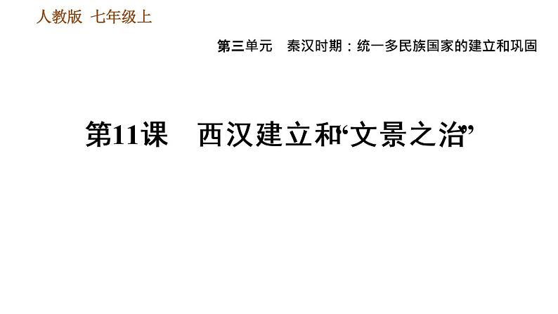 人教版七年级上册历史习题课件 第3单元 第11课时 西汉建立和“文景之治”第1页