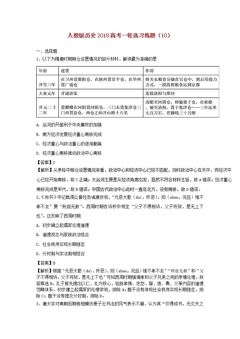 2019高考历史一轮复习选习练题（10）（含解析）新人教版第1页