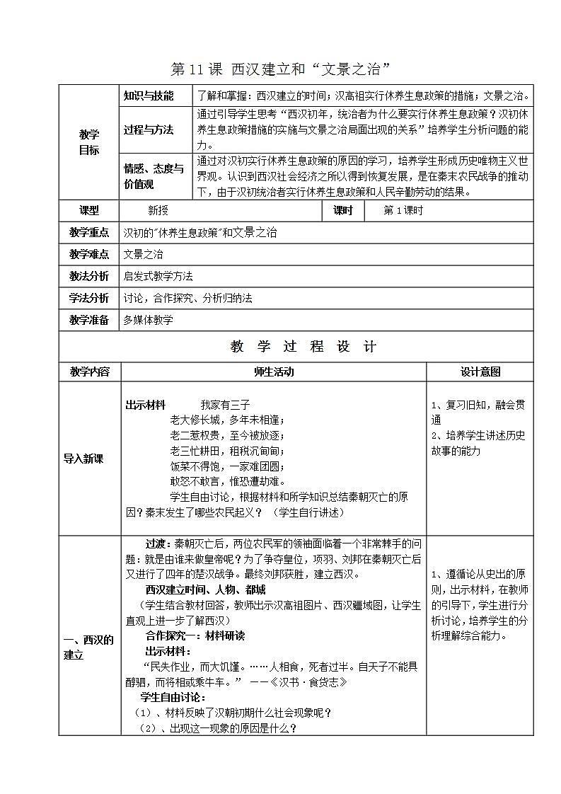 部编版七年级历史上册：3.11西汉建立和文景之治-教案01