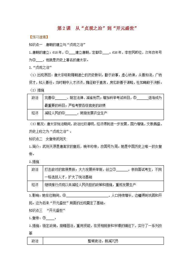 春学期七年级历史下册第一单元隋唐时期繁荣与开放的时代第2课从“贞观之治”到“开元盛世”预习作业新人教版第1页