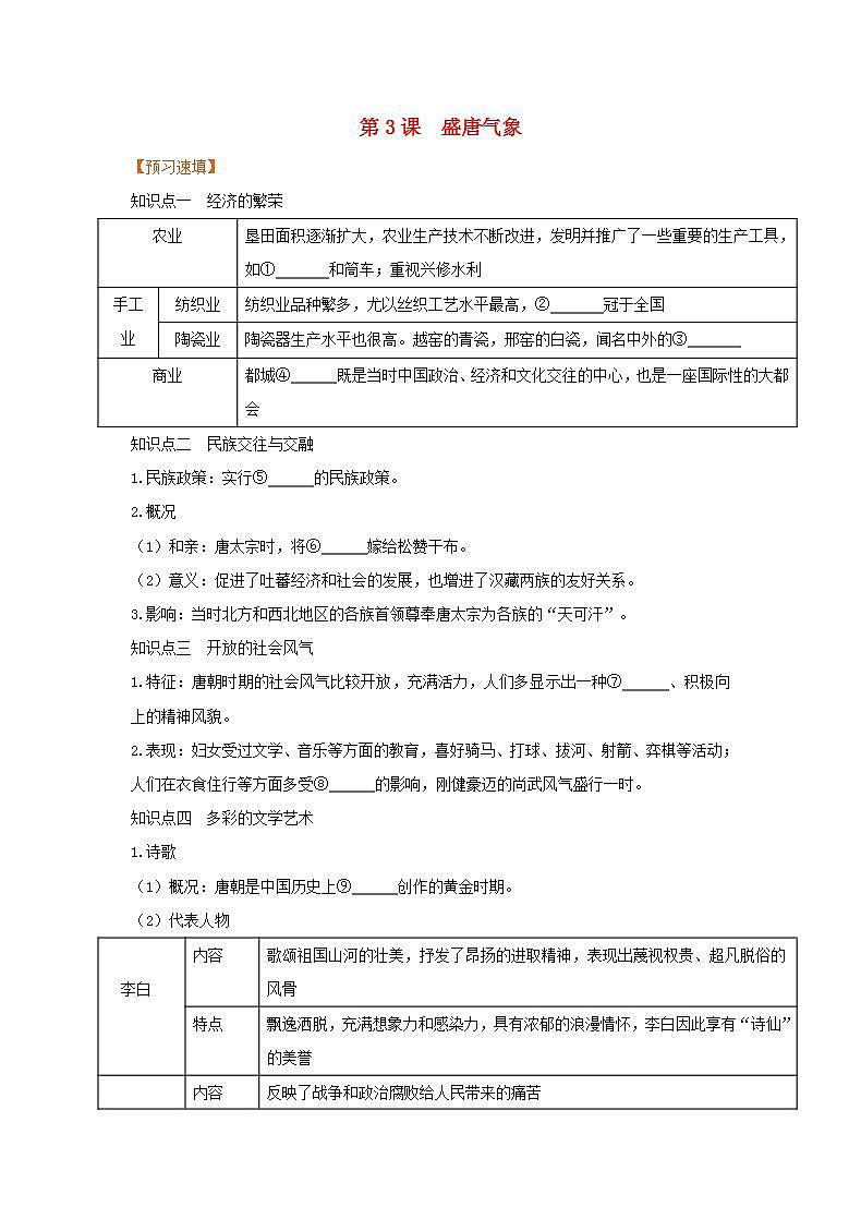 春学期七年级历史下册第一单元隋唐时期繁荣与开放的时代第3课盛唐气象预习作业新人教版第1页