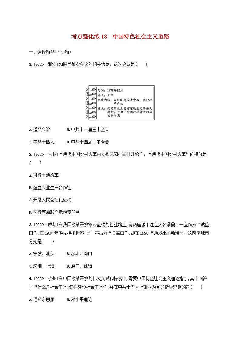 中考历史一轮复习考点强化练18中国特色社会主义道路第1页