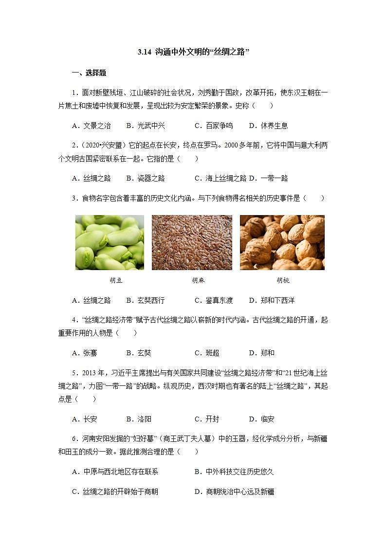 2021-2022学年部编版历史七年级上册 第14课 沟通中外文明的“丝绸之路”课后作业及答案第1页