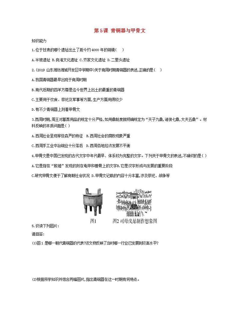 七年级历史上册第二单元夏商周时期早期国家与社会变革第5课青铜器与甲骨文资源拓展试题含解析01