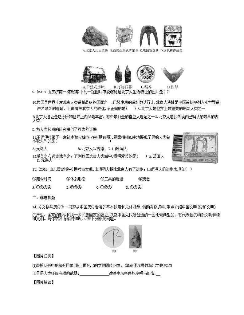 七年级历史上册第一单元史前时期中国境内早期人类与文明的起源第1课中国境内早期人类的代表_北京人课时检测卷含解析02