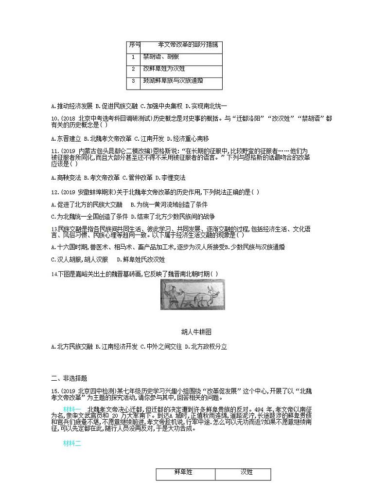 七年级历史上册第四单元三国两晋南北朝时期政权分立与民族交融第19课北魏政治和北方民族大交融课时检测卷含解析02