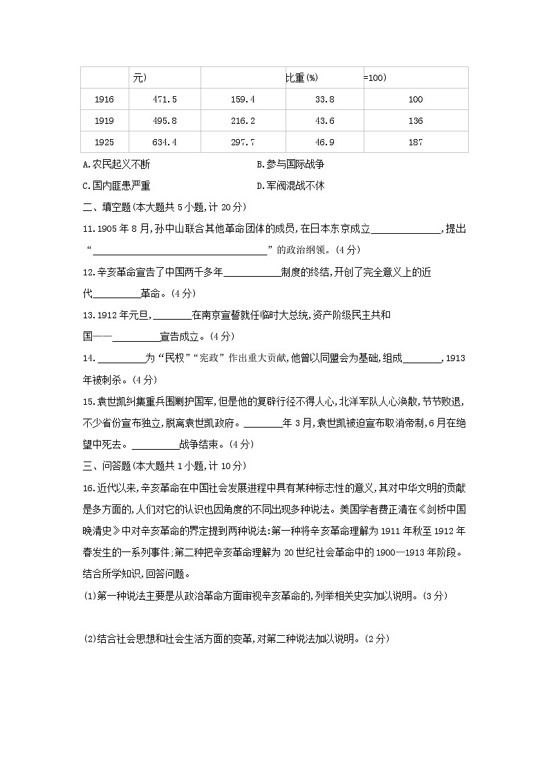 第三单元　资产阶级民主革命与中华民国的建立 单元测试题     2021——2022学年部编版八年级历史上册(word版含答案)第3页