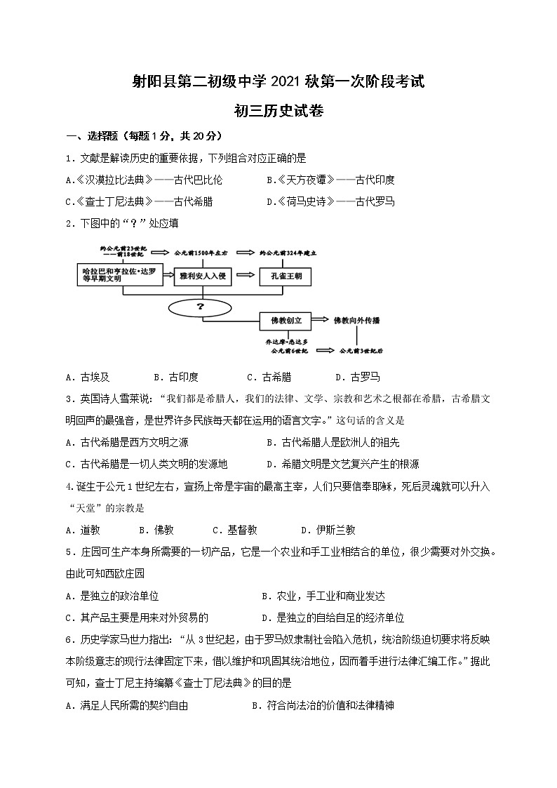 江苏省射阳县第二初级中学2022届九年级上学期第一次月考历史【试卷+答案】01