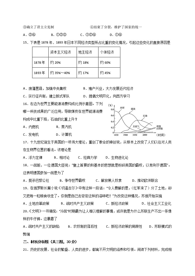 江苏省射阳县第二初级中学2022届九年级上学期第一次月考历史【试卷+答案】03