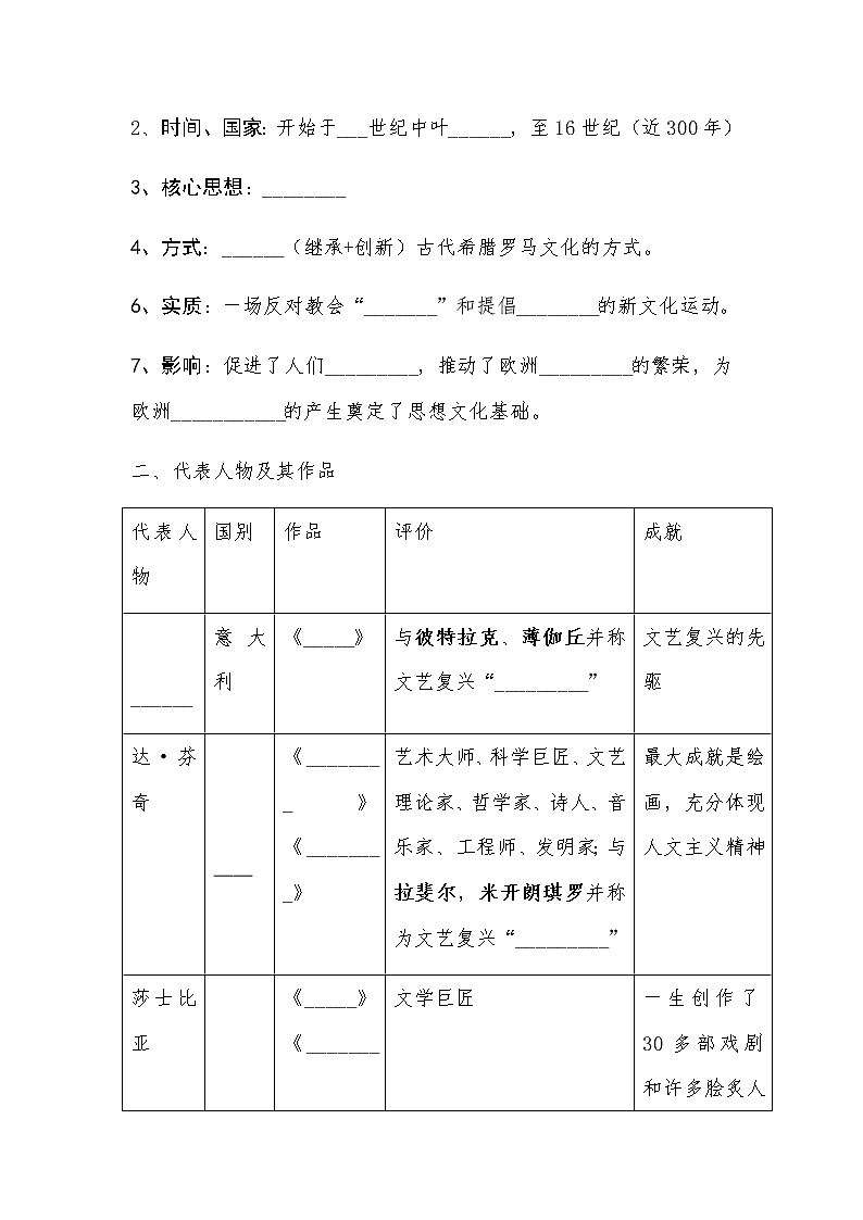 部编人教版九年级历史上册导学案第14课  文艺复兴运动02