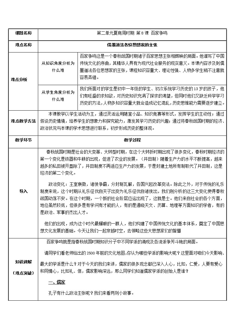 部编版 历史 七年级上册 第八课百家争鸣(2)（教案）01