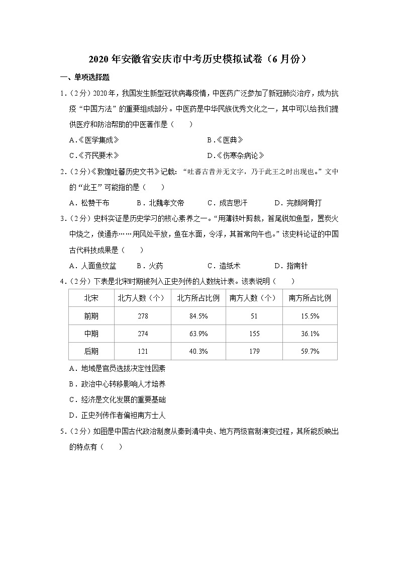 2020年安徽省安庆市中考历史模拟试卷（6月份）01