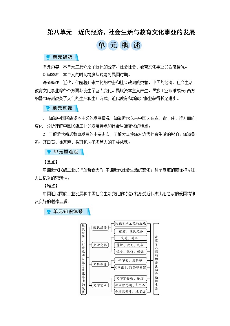 2021-2022学年度人教版八年级历史上册教案 第8单元 复习01