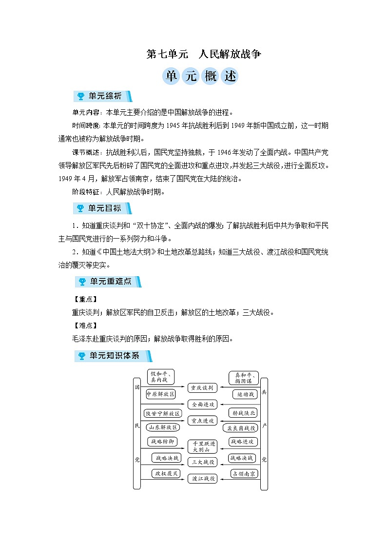 2021-2022学年度人教版八年级历史上册教案 第7单元 复习第1页