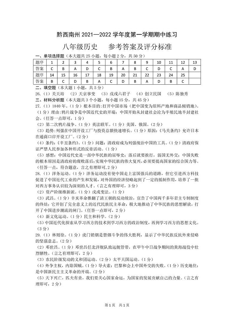 黔西南州2021—2022学年度第一学期期中练习-八年级历史-参考答案第1页
